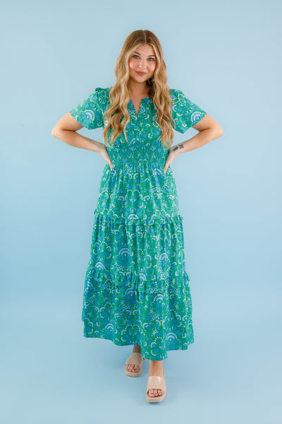 Classic Poplin Maxi Dress- Women's Green Print Maxi- SugarLips Cotton Maxi Dress