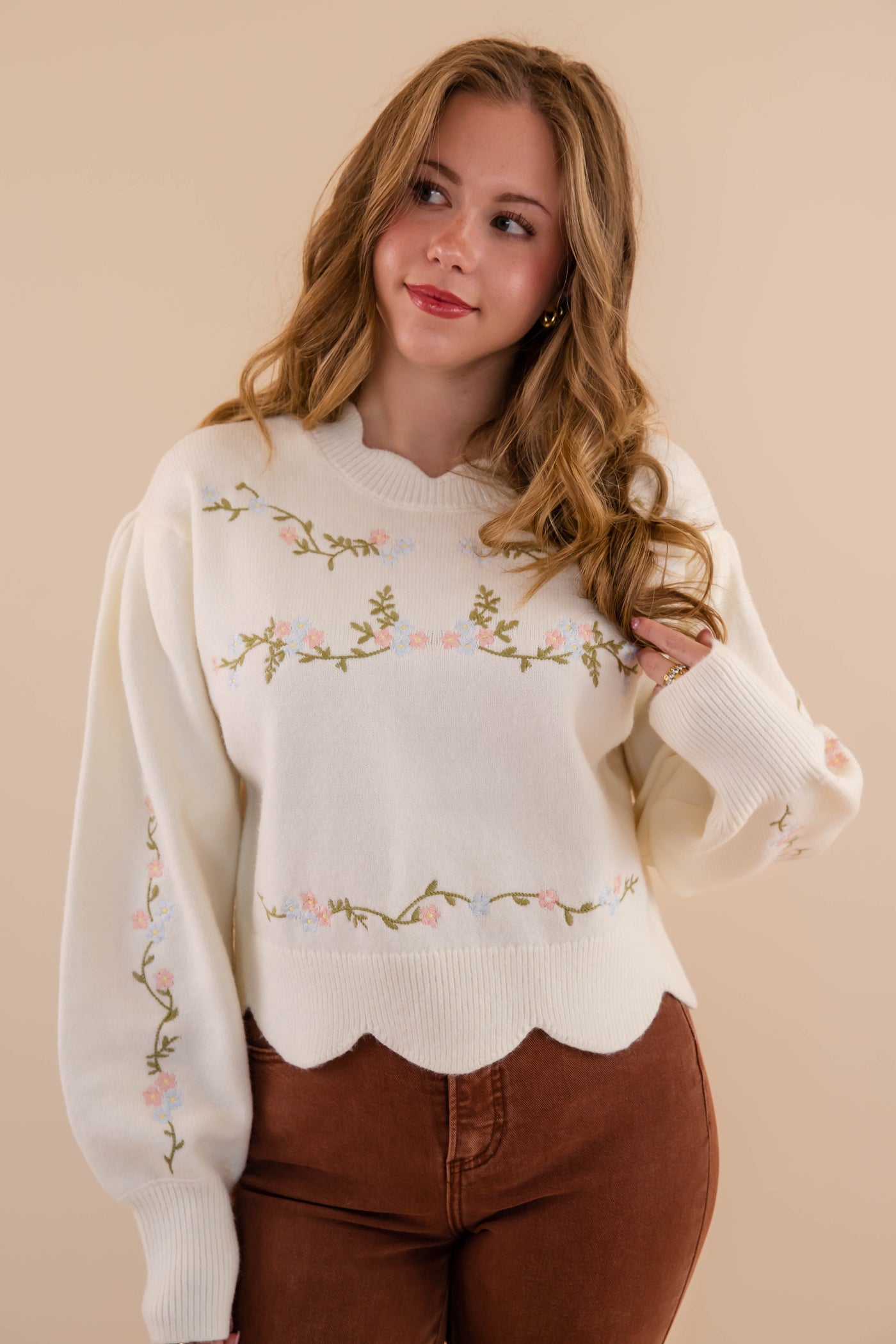 Floral Embroidered Sweater- Scalloped Floral Sweater- Mable Floral Sweater 
