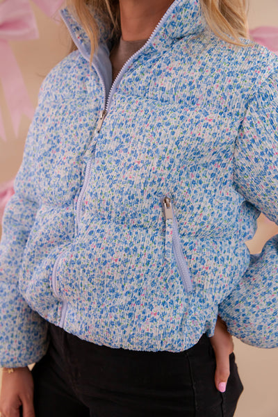 Blue Floral Puffer Jacket- Women's Preppy Floral Puffer Coat- TCEC Floral Puffer Jacket