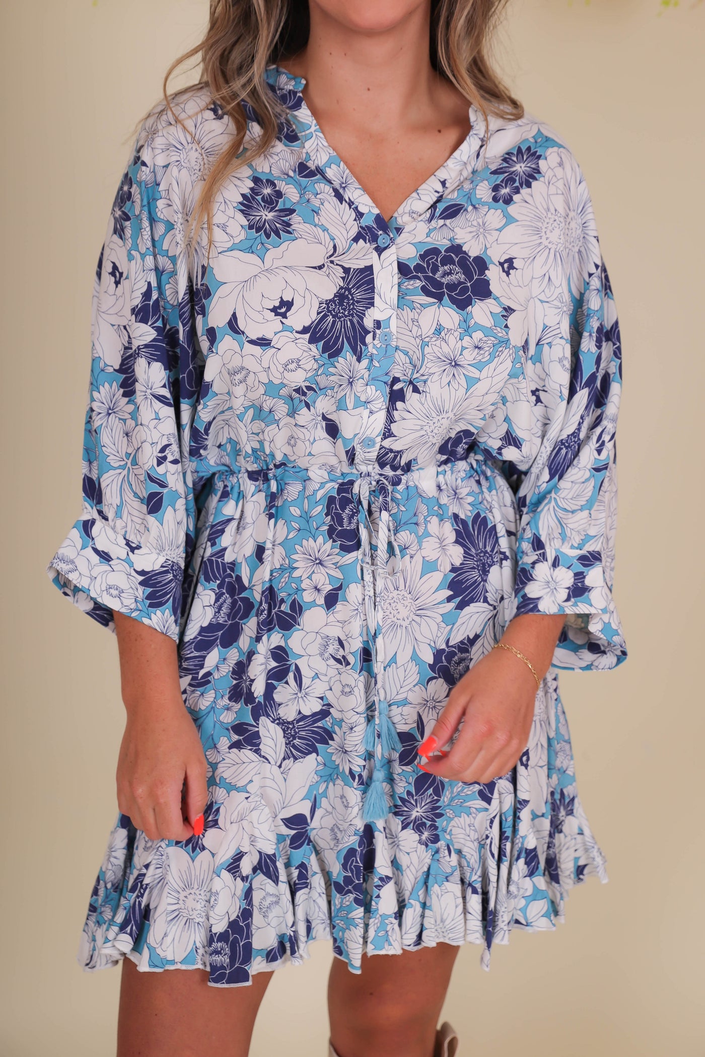 Blue Floral Print Dress- Retro Style Dress- Women's Blue Dress