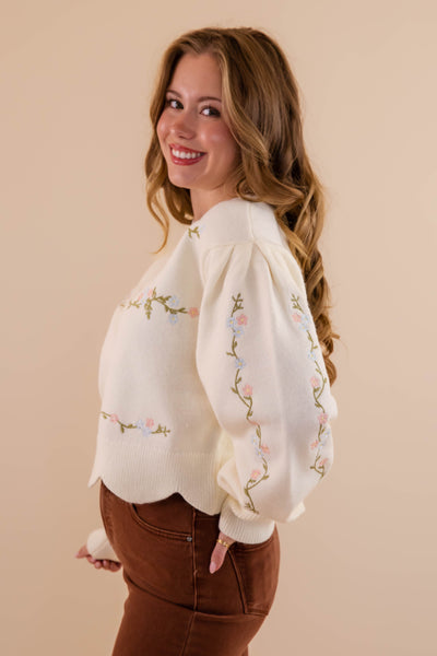 Floral Embroidered Sweater- Scalloped Floral Sweater- Mable Floral Sweater 