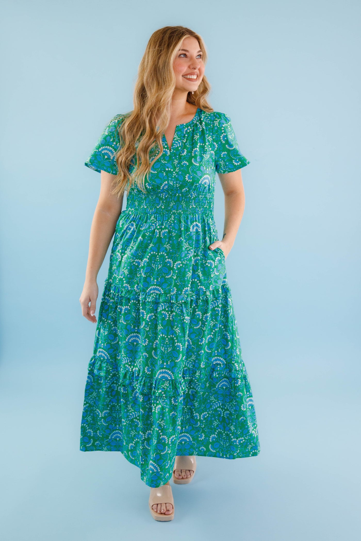 Classic Poplin Maxi Dress- Women's Green Print Maxi- SugarLips Cotton Maxi Dress