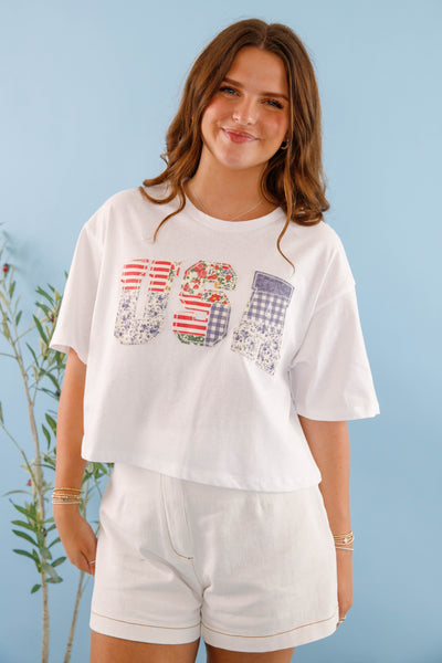 Women's USA Cropped Patch T-Shirt- USA Patchwork Top