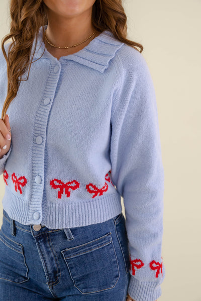 Women's Baby Blue Cardigan- Women's Red Bow Cardigan- Preppy Fall Tops