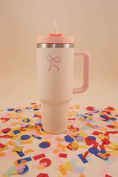 Blush Pink Bow Print Tumbler- 40oz Girly Pink Bow Tumbler