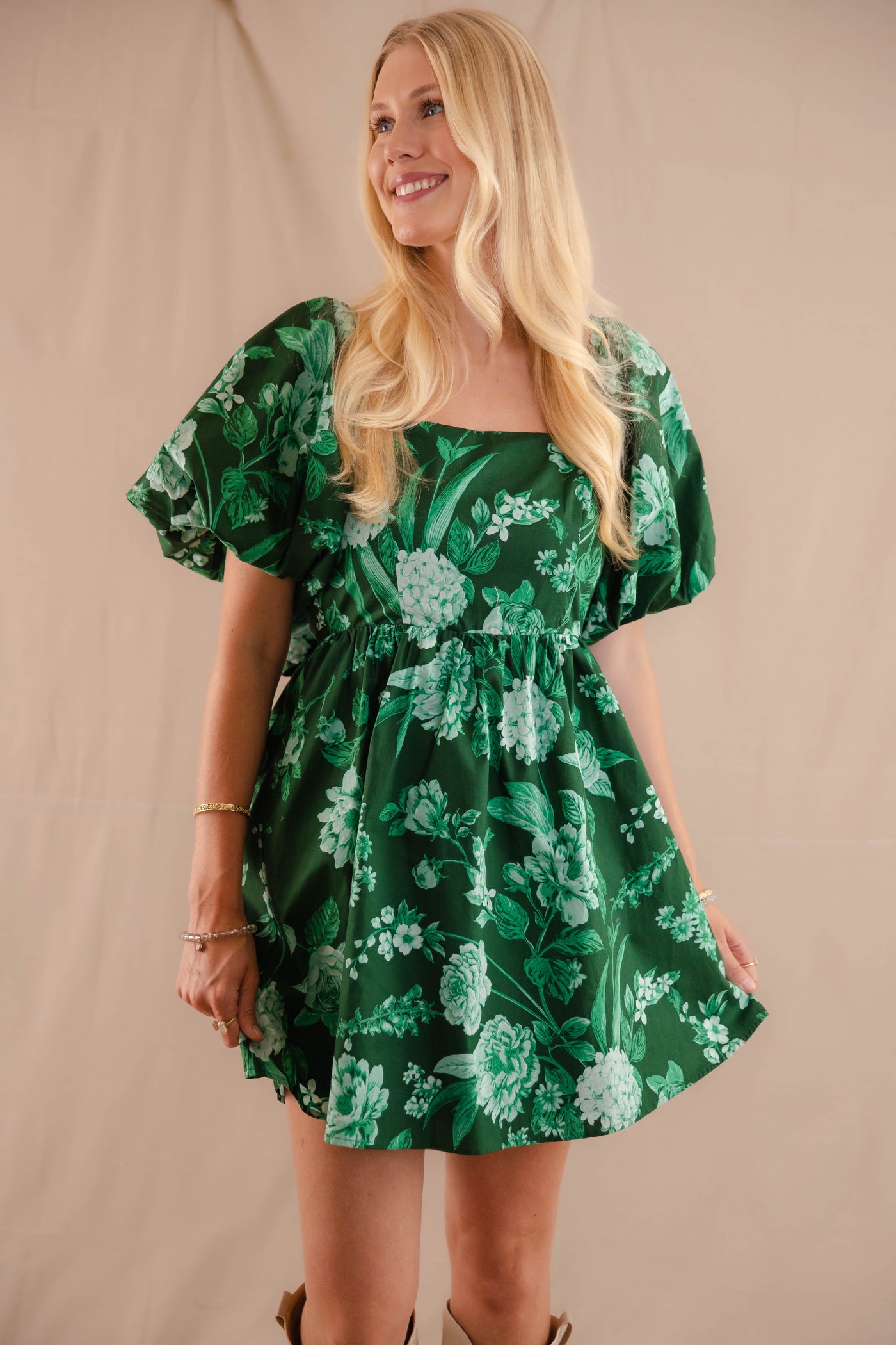 Puff Sleeve Babydoll Mini Dress- Women's Emerald Green Floral Dress- SugarLips Dress