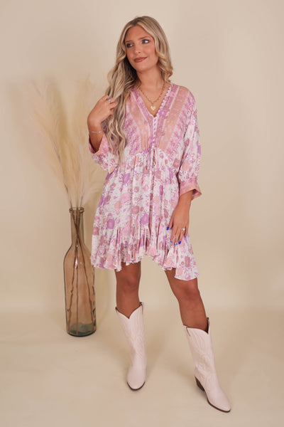 Flowy Fun Lilac Dress- Floral Print Dress- Mini Dresses- Aakaa Dress