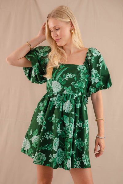 Puff Sleeve Babydoll Mini Dress- Women's Emerald Green Floral Dress- SugarLips Dress