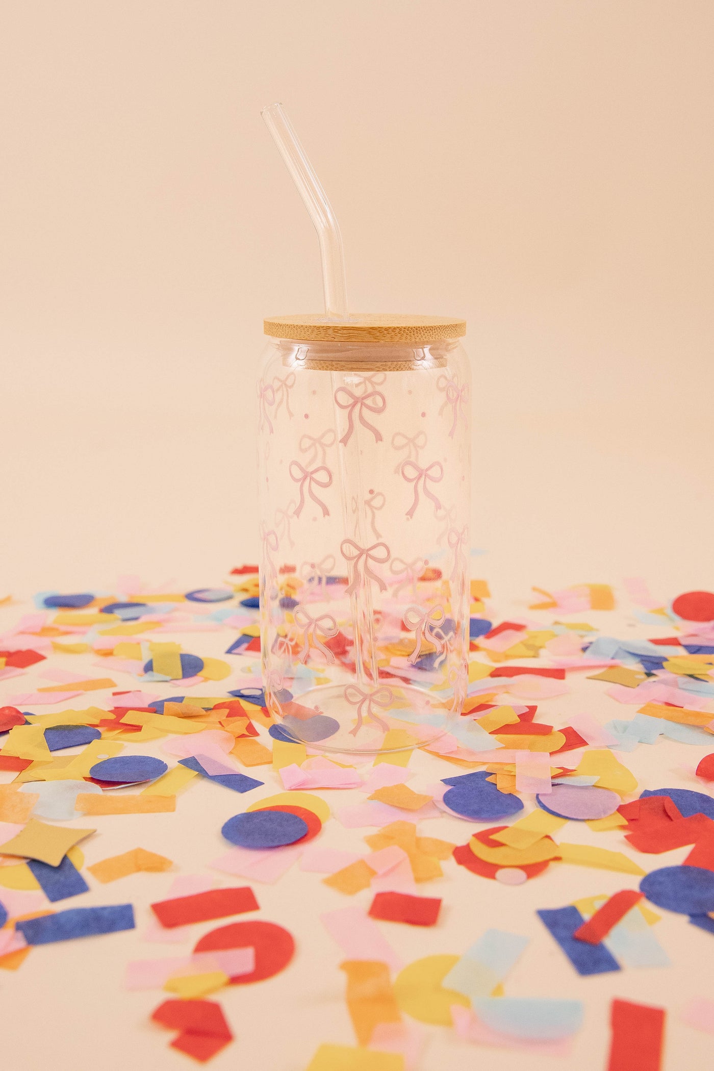 Pink Bow Latte Glass with Lid & Straw