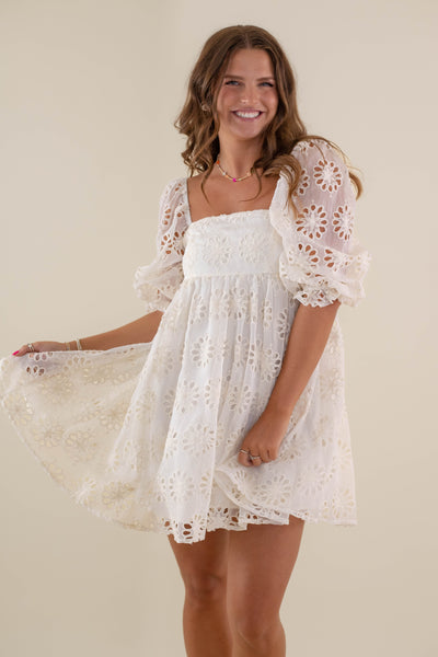 Women's Babydoll Mini Dress- Crochet Flower Dress- Storia Dresses