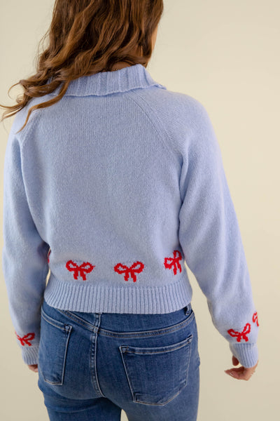 Women's Baby Blue Cardigan- Women's Red Bow Cardigan- Preppy Fall Tops