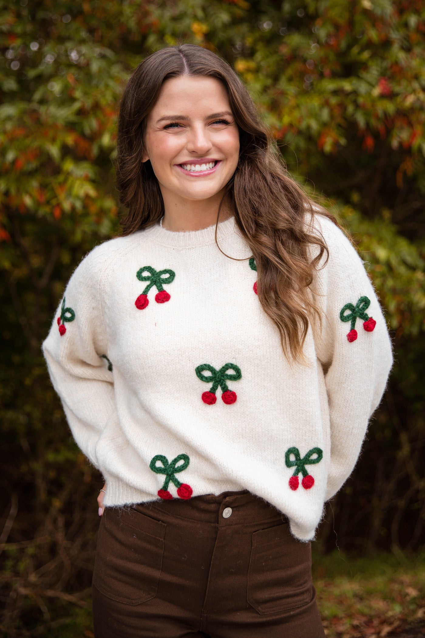 Cherry Embroidered Sweater- Lightweight Fall Sweater- Women's Cozy Sweaters