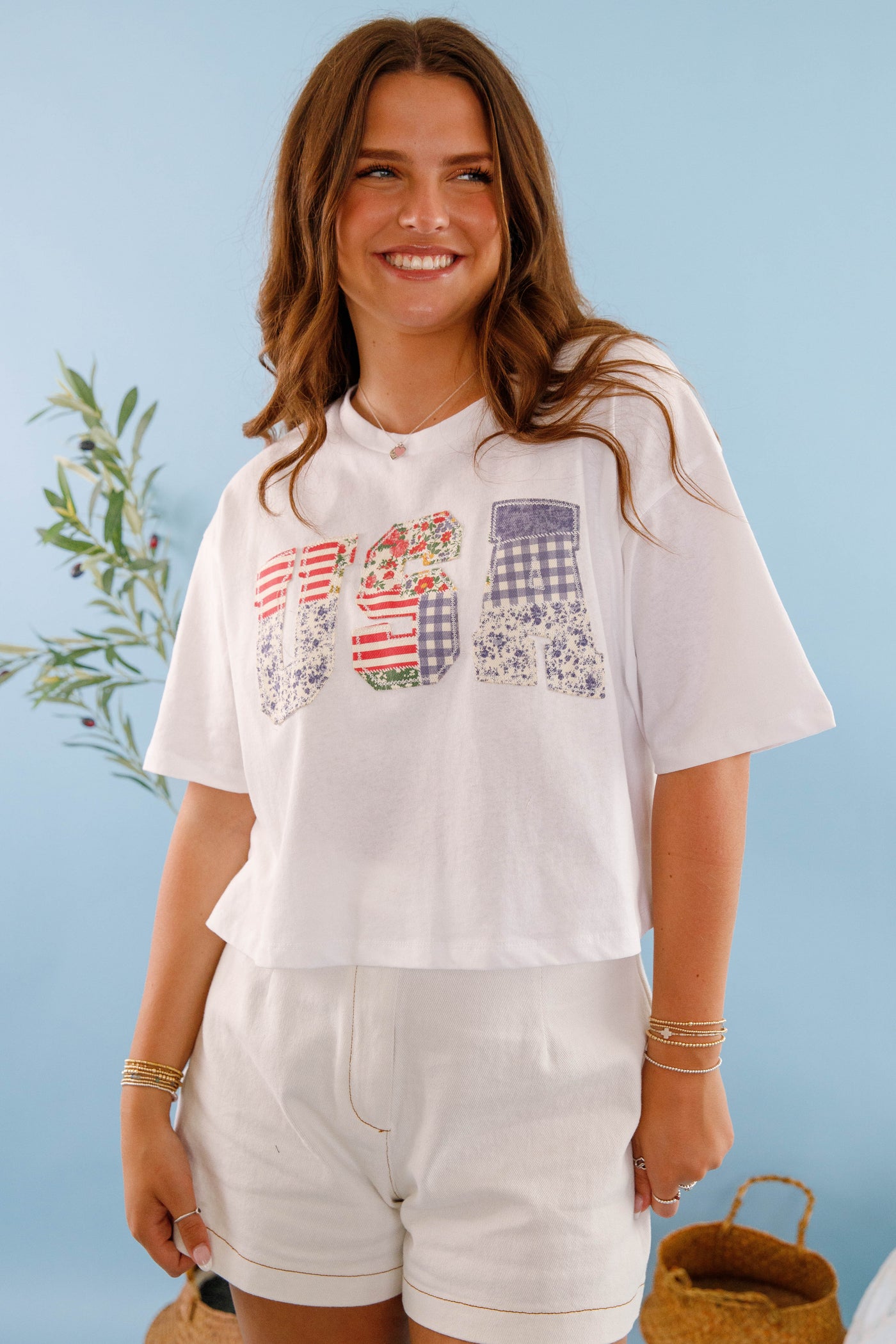 Women's USA Cropped Patch T-Shirt- USA Patchwork Top
