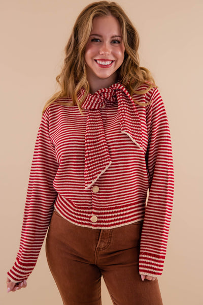 Red Striped Cardigan With Neck Tie- Red Striped Sweater With Matching Scarf- &Merci Striped Cardigan