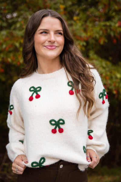 Cherry Embroidered Sweater- Lightweight Fall Sweater- Women's Cozy Sweaters