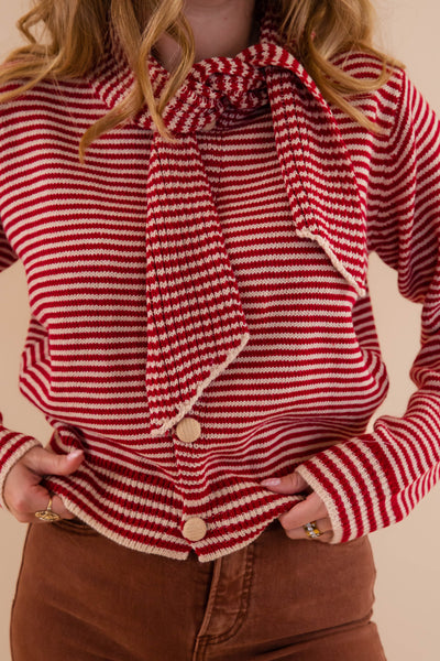 Red Striped Cardigan With Neck Tie- Red Striped Sweater With Matching Scarf- &Merci Striped Cardigan