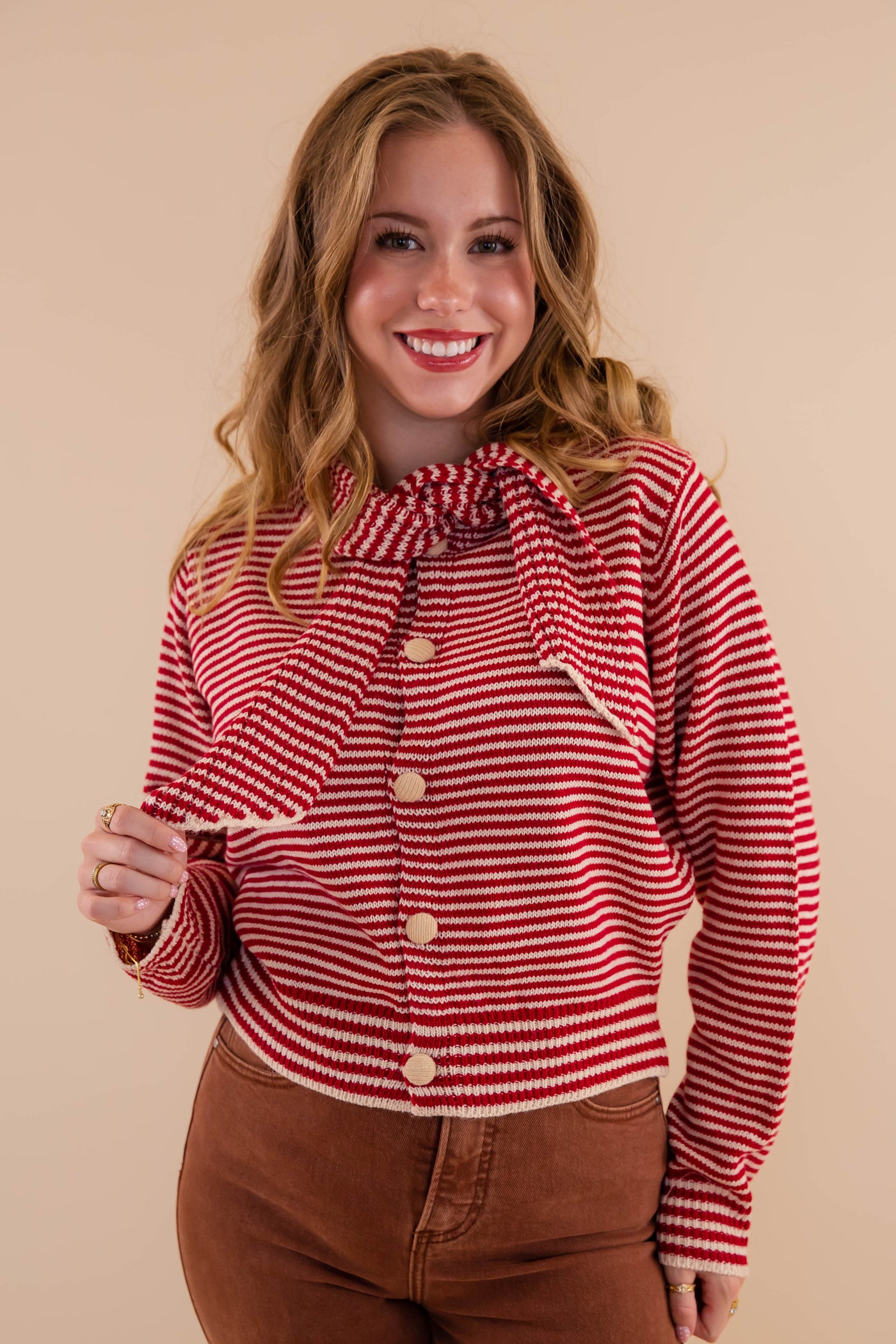 Red Striped Cardigan With Neck Tie- Red Striped Sweater With Matching Scarf- &Merci Striped Cardigan