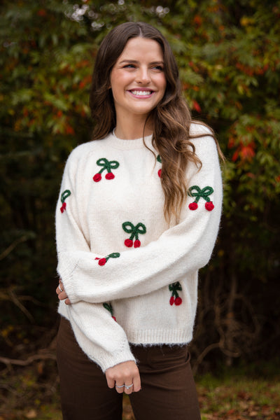 Cherry Embroidered Sweater- Lightweight Fall Sweater- Women's Cozy Sweaters