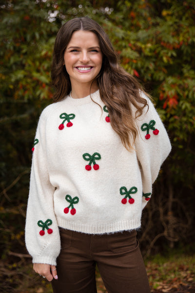 Cherry Embroidered Sweater- Lightweight Fall Sweater- Women's Cozy Sweaters