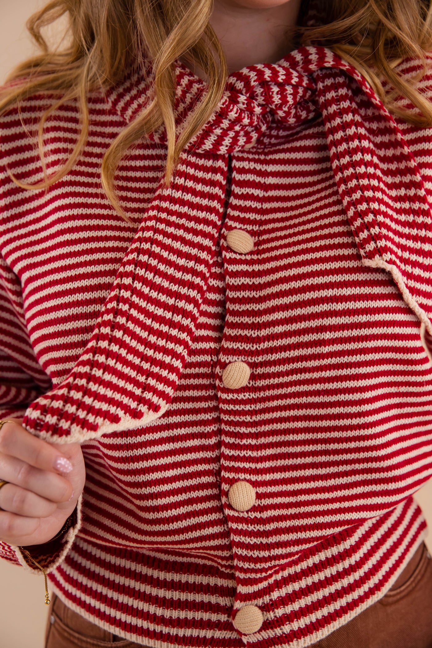 Red Striped Cardigan With Neck Tie- Red Striped Sweater With Matching Scarf- &Merci Striped Cardigan