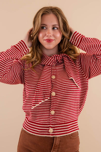 Red Striped Cardigan With Neck Tie- Red Striped Sweater With Matching Scarf- &Merci Striped Cardigan