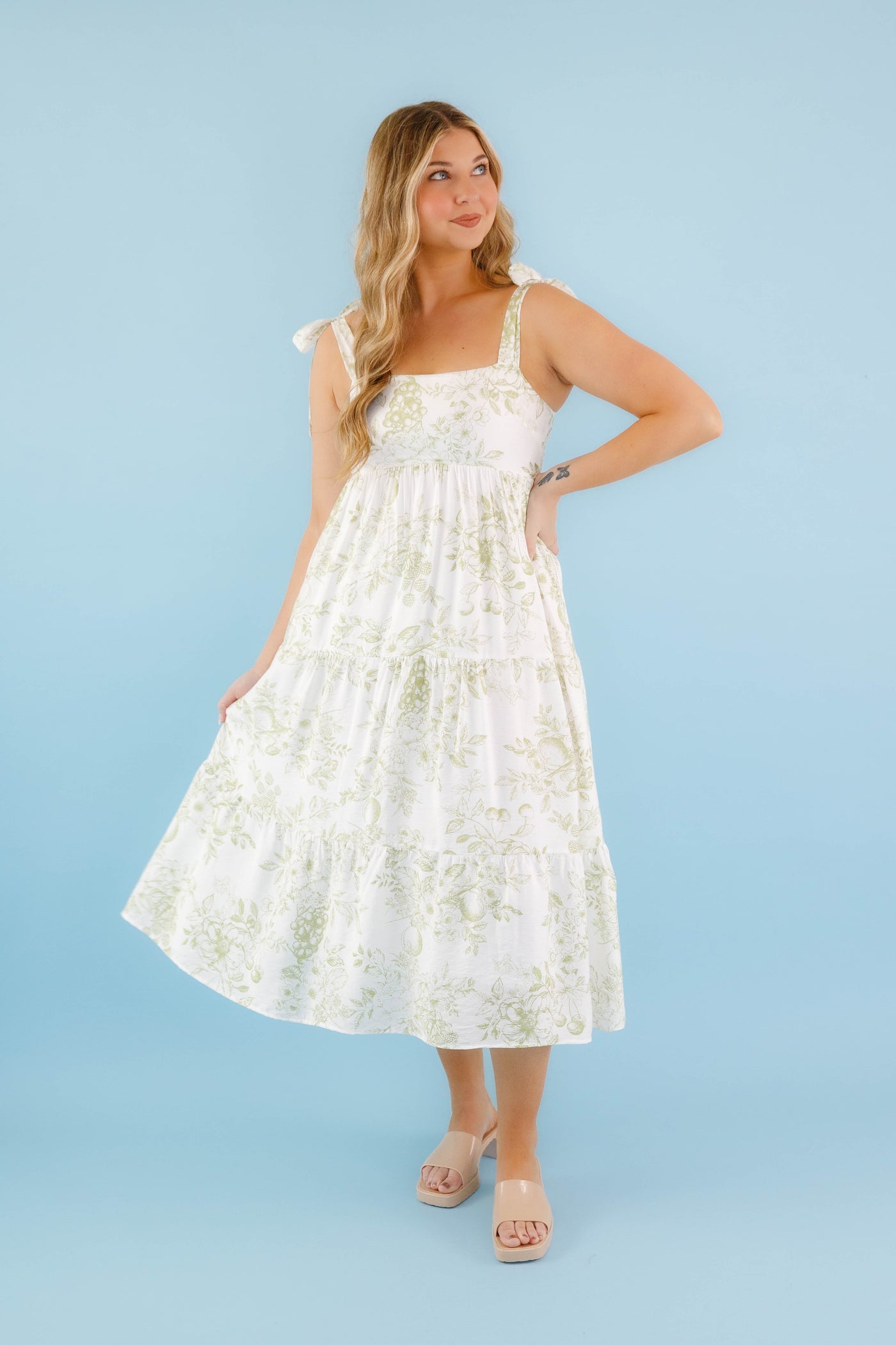 White Tiered Midi Dress with Olive Floral Design and Tie Straps