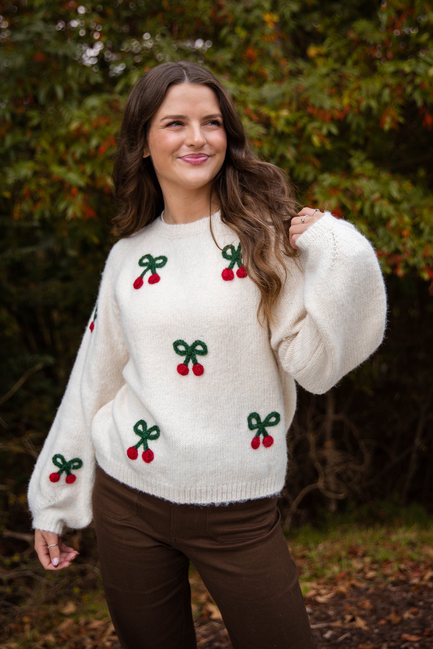Cherry Embroidered Sweater- Lightweight Fall Sweater- Women's Cozy Sweaters