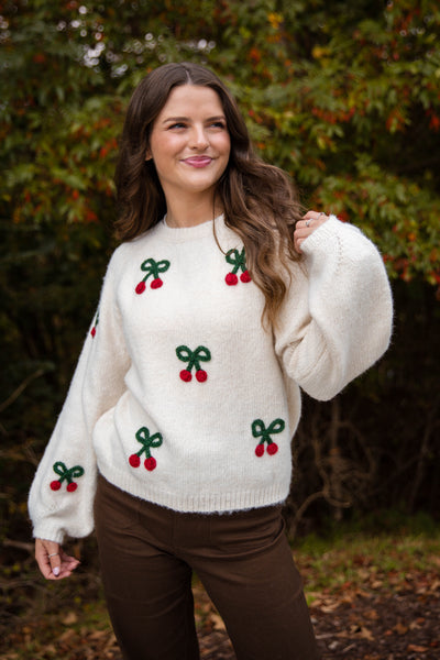 Cherry Embroidered Sweater- Lightweight Fall Sweater- Women's Cozy Sweaters