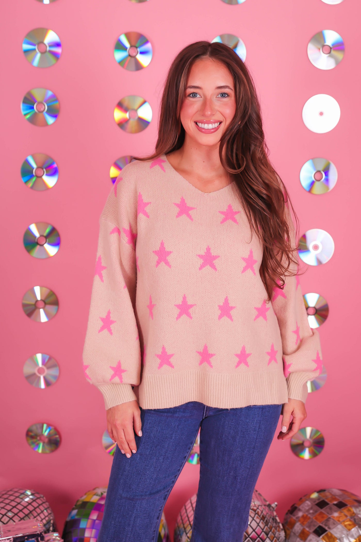 Women's Pink Star Sweater- Fun Winter Sweaters- She + Sky Sweaters
