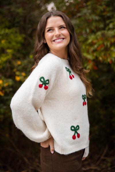 Cherry Embroidered Sweater- Lightweight Fall Sweater- Women's Cozy Sweaters