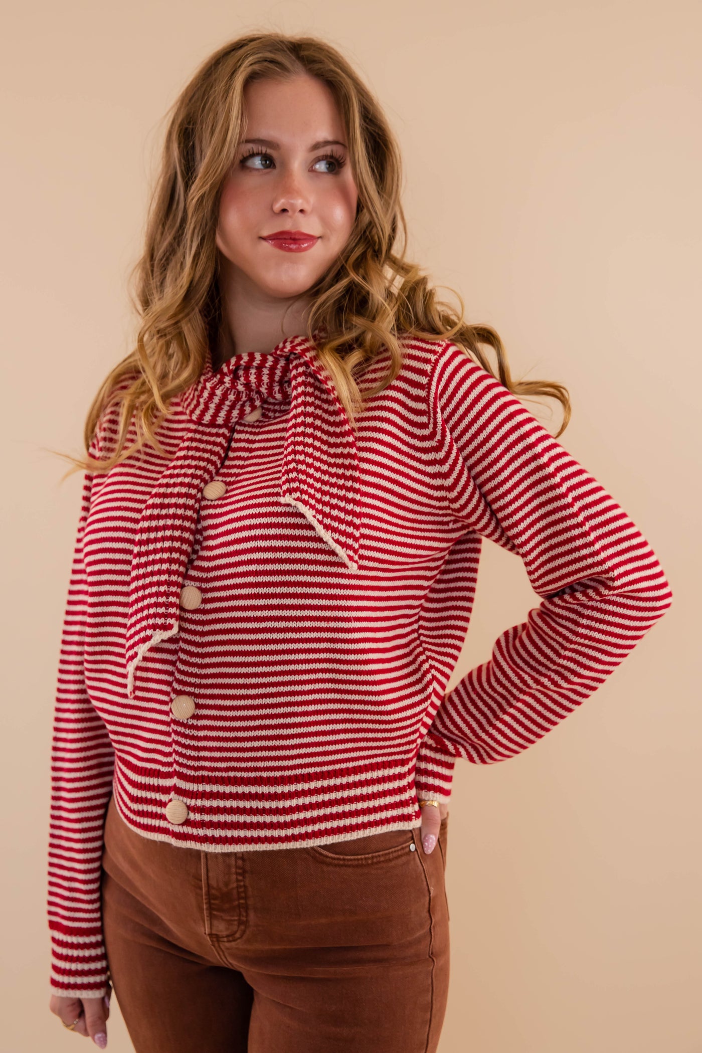 Red Striped Cardigan With Neck Tie- Red Striped Sweater With Matching Scarf- &Merci Striped Cardigan