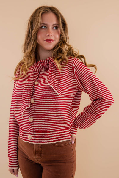 Red Striped Cardigan With Neck Tie- Red Striped Sweater With Matching Scarf- &Merci Striped Cardigan