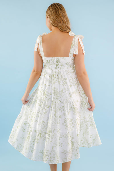 White Tiered Midi Dress with Olive Floral Design and Tie Straps