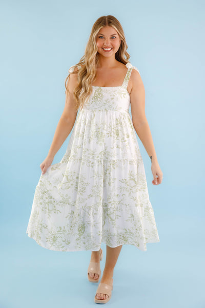 White Tiered Midi Dress with Olive Floral Design and Tie Straps