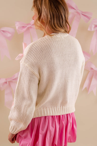 Ivory Knit Cardigan- Women's Pink Bow Cardigan- Oversized Pink Ribbon Cardigan