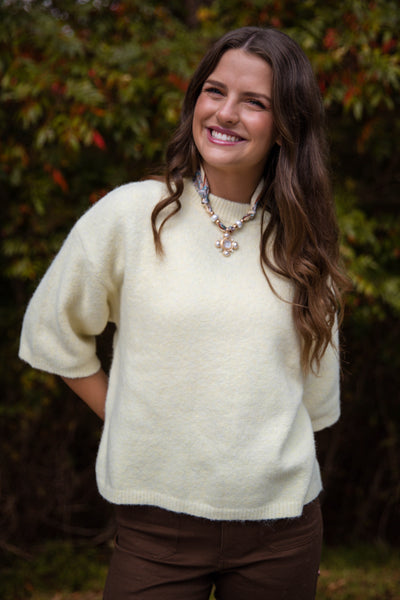 Short Sleeve Sweater Top- Women's Pale Yellow Sweater- Women's Soft Sweaters