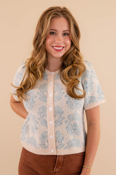 Light Blue Floral Cardigan- Short Sleeve Floral Cardigan- &Merci Floral Short Sleeve Cardigan