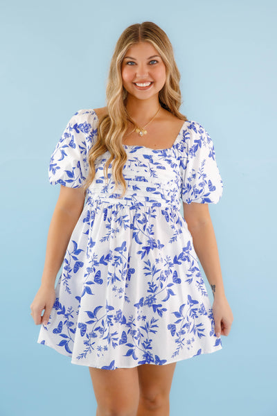 Puff Sleeve Babydoll Mini Dress- Women's Blue and White Floral Dress- SugarLips Mini Dress