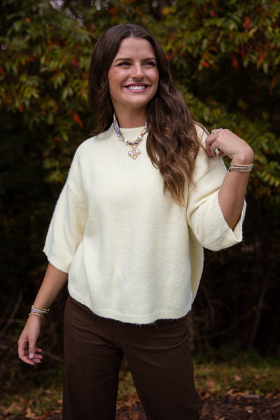 Short Sleeve Sweater Top- Women's Pale Yellow Sweater- Women's Soft Sweaters