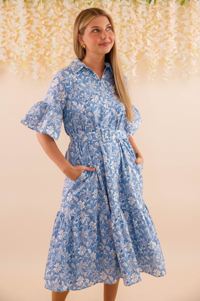 Blue and White Floral Dress- Women's Belted Midi Dress- Coastal Dresses