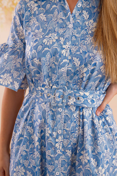 Blue and White Floral Dress- Women's Belted Midi Dress- Coastal Dresses