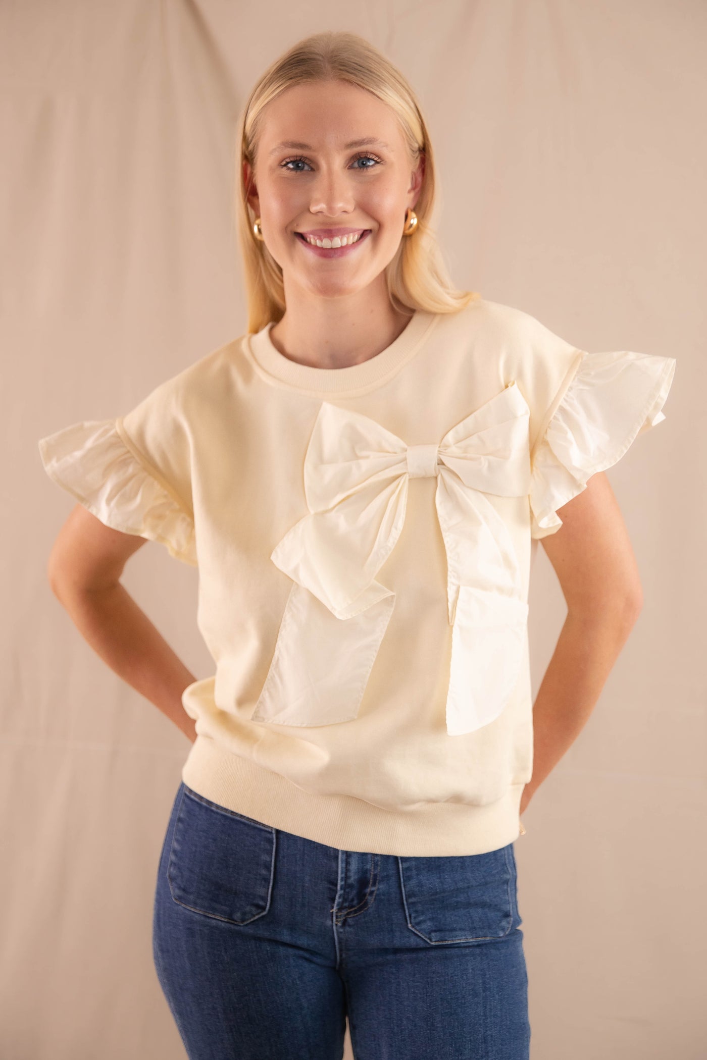 Poplin Bow Pullover Top- Women's Cream Bow Top