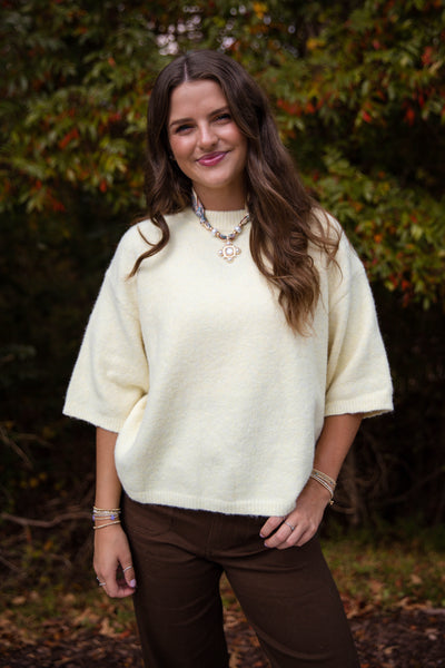 Short Sleeve Sweater Top- Women's Pale Yellow Sweater- Women's Soft Sweaters