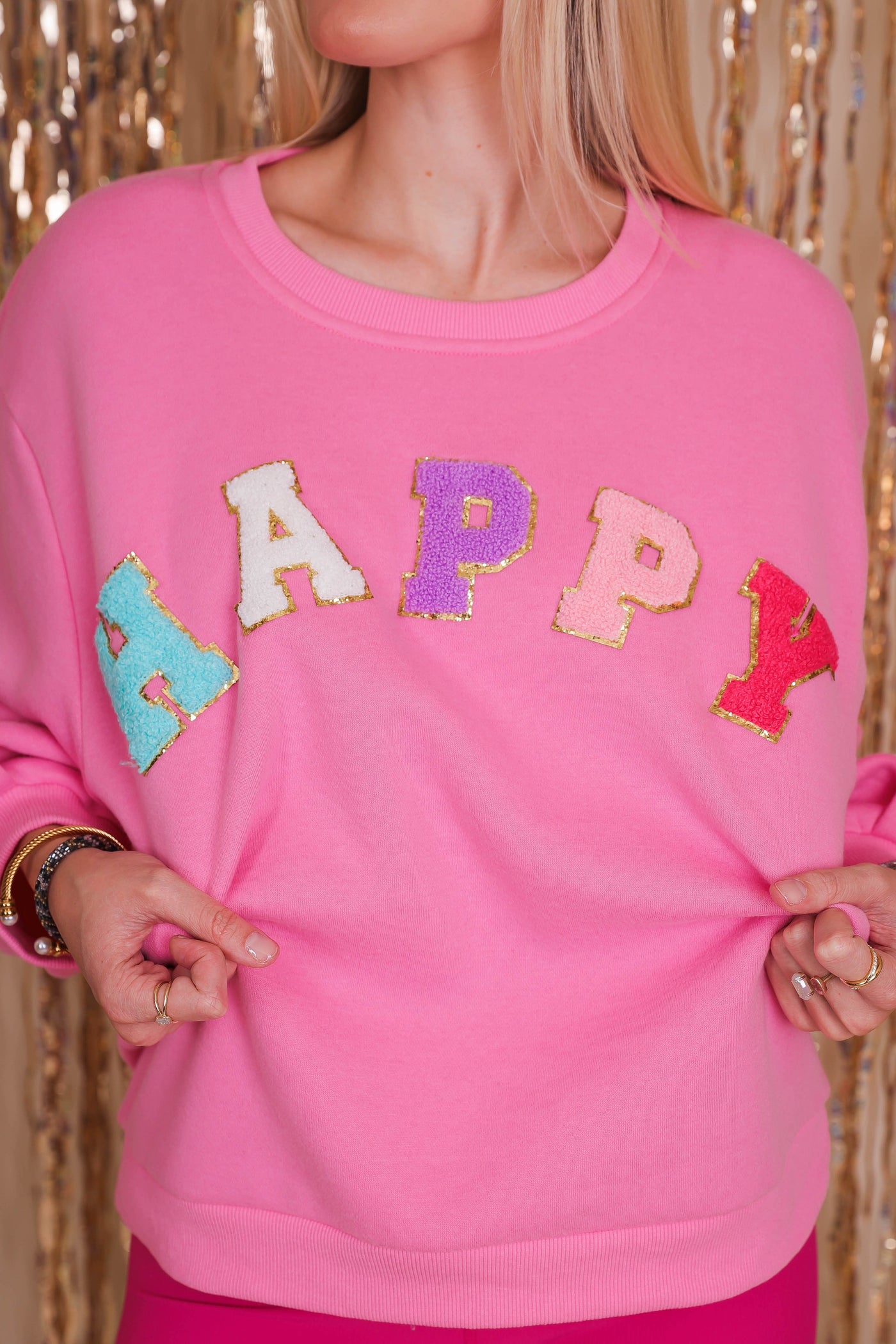 Women's Oversized Sweatshirt- Women's HAPPY Pullover- Women's Patch Sweatshirt