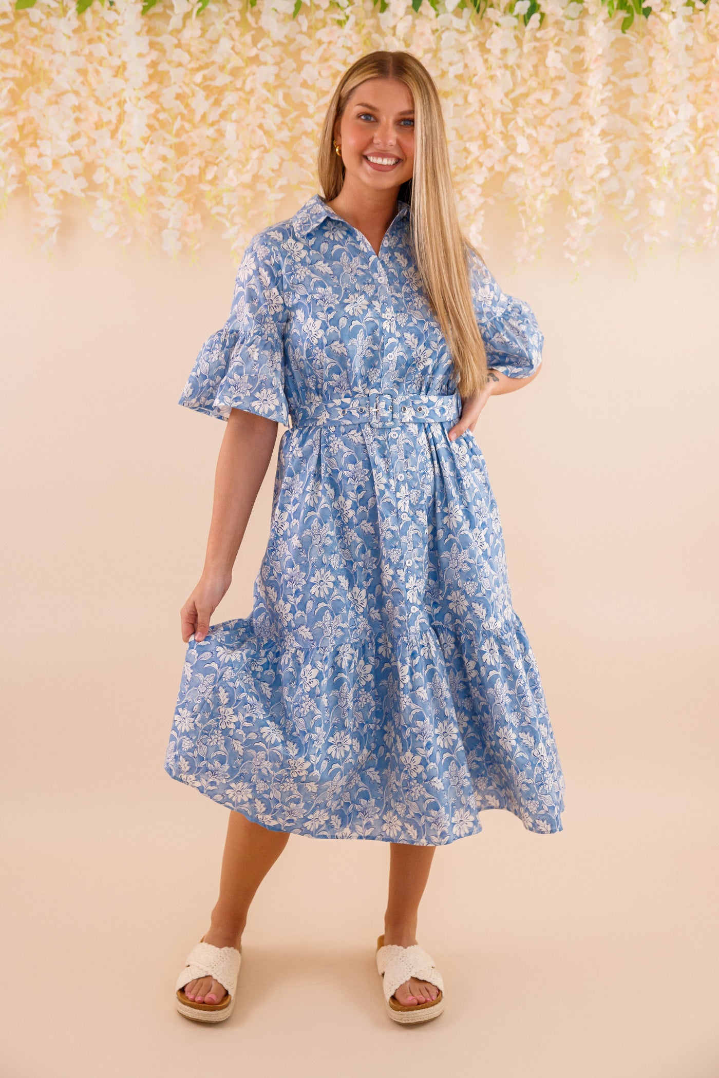 Blue and White Floral Dress- Women's Belted Midi Dress- Coastal Dresses