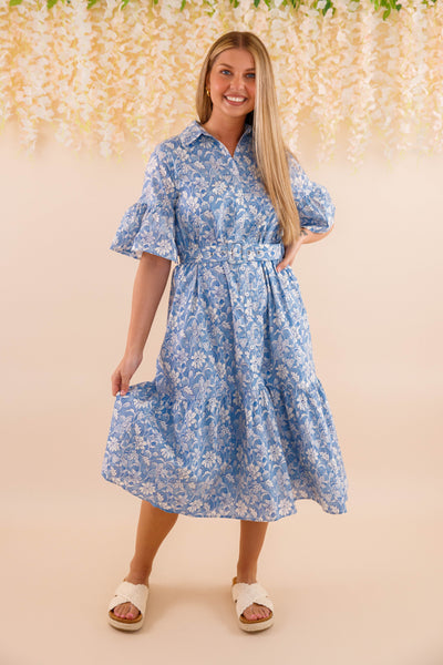 Blue and White Floral Dress- Women's Belted Midi Dress- Coastal Dresses