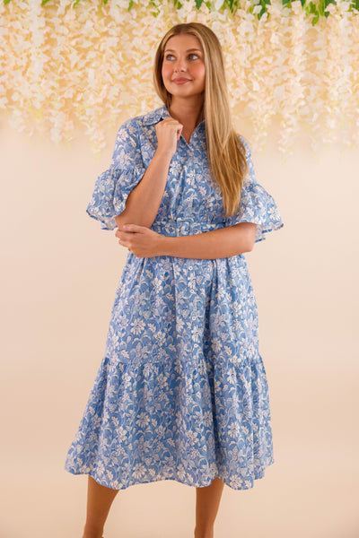 Blue and White Floral Dress- Women's Belted Midi Dress- Coastal Dresses