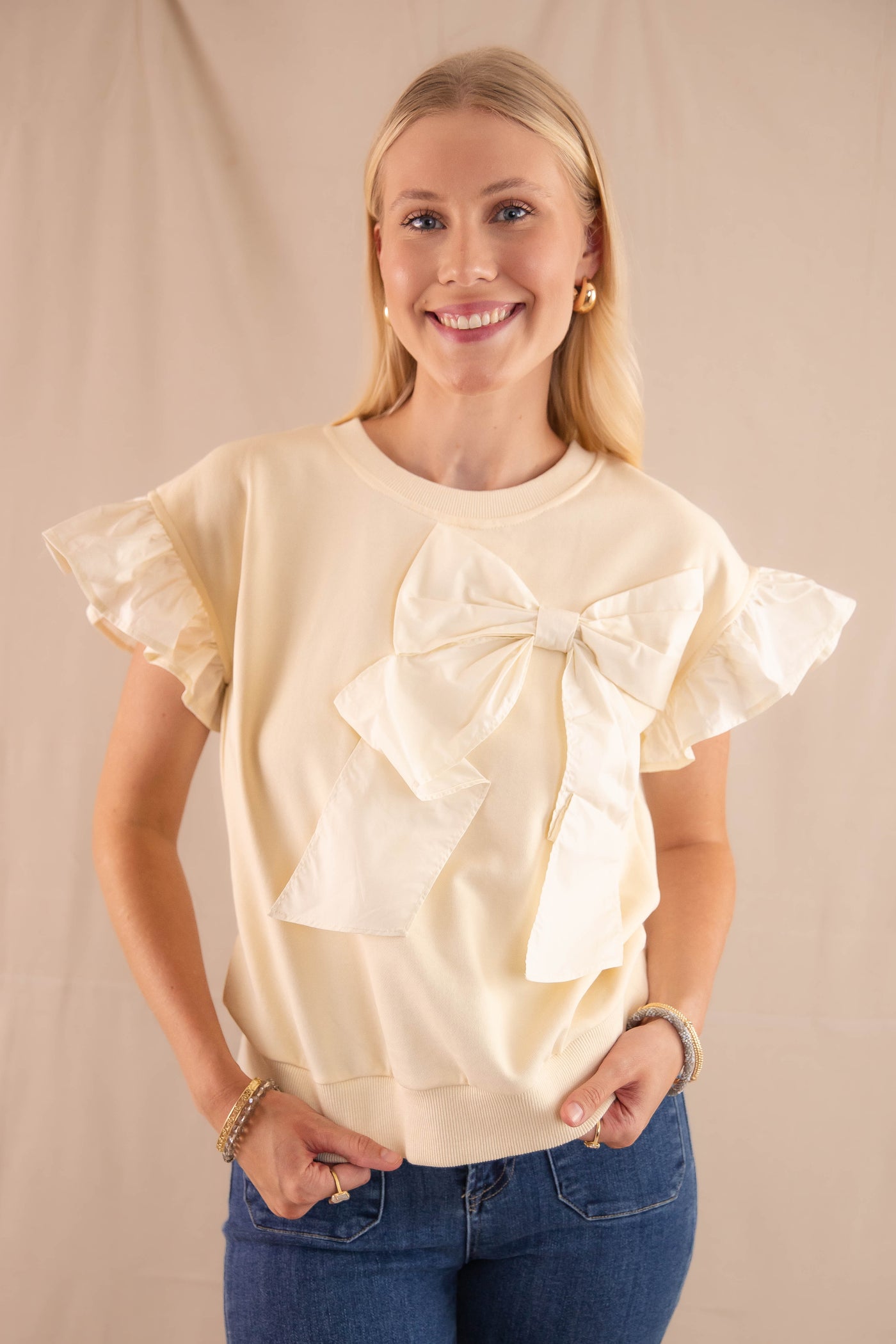 Poplin Bow Pullover Top- Women's Cream Bow Top