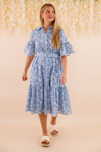 Blue and White Floral Dress- Women's Belted Midi Dress- Coastal Dresses