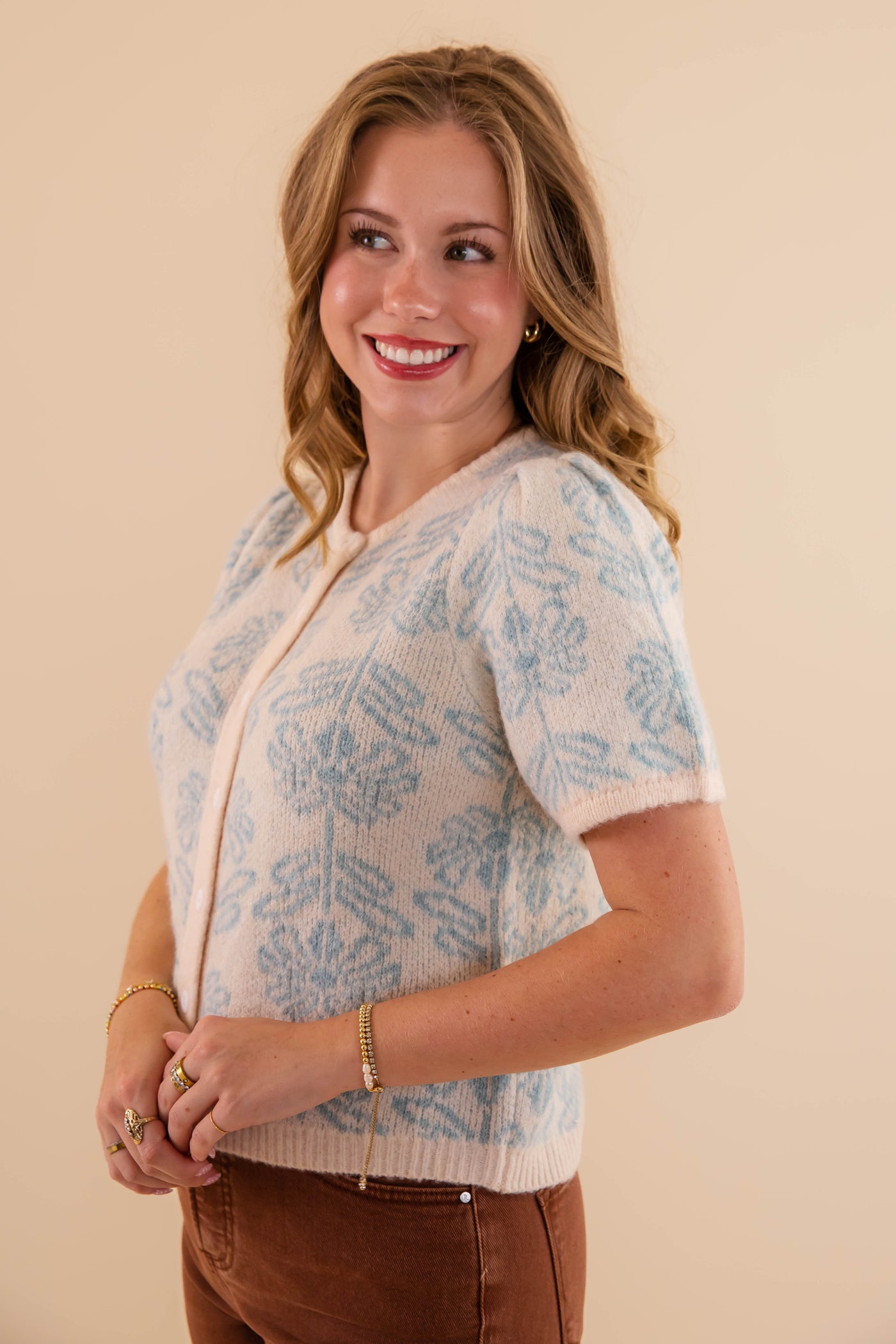 Light Blue Floral Cardigan- Short Sleeve Floral Cardigan- &Merci Floral Short Sleeve Cardigan